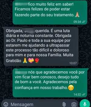 Agradecimentos ao Dr. Paulo Pereira pela melhora significativa dos sintomas através do tratamento com Medicina Integrativa